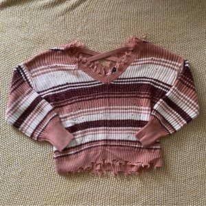 rue21 women’s distressed long sleeve v-neck striped sweater - pink, ivory